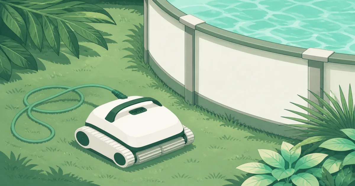 Compact robotic pool cleaner beside an above-ground pool on a sunny lawn