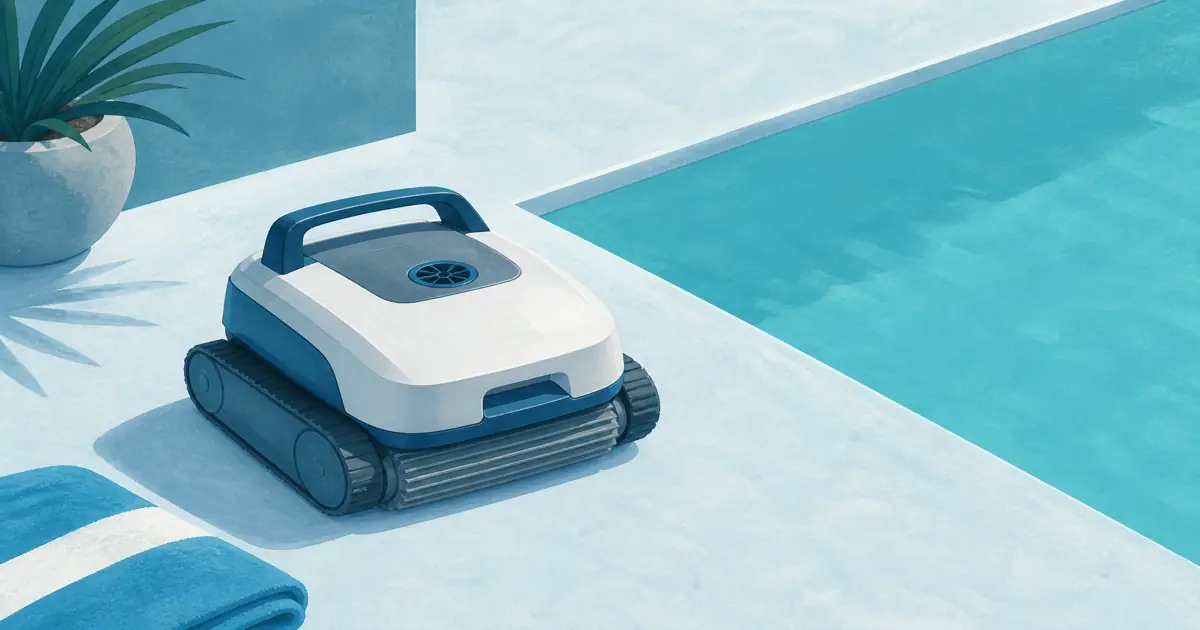 Cordless robotic pool cleaner parked on a pale deck beside still blue water