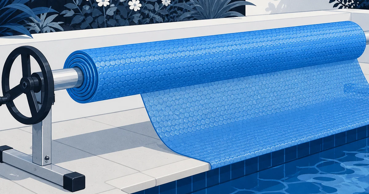 Aluminum solar pool cover reel rolling a blue bubble cover beside an inground pool