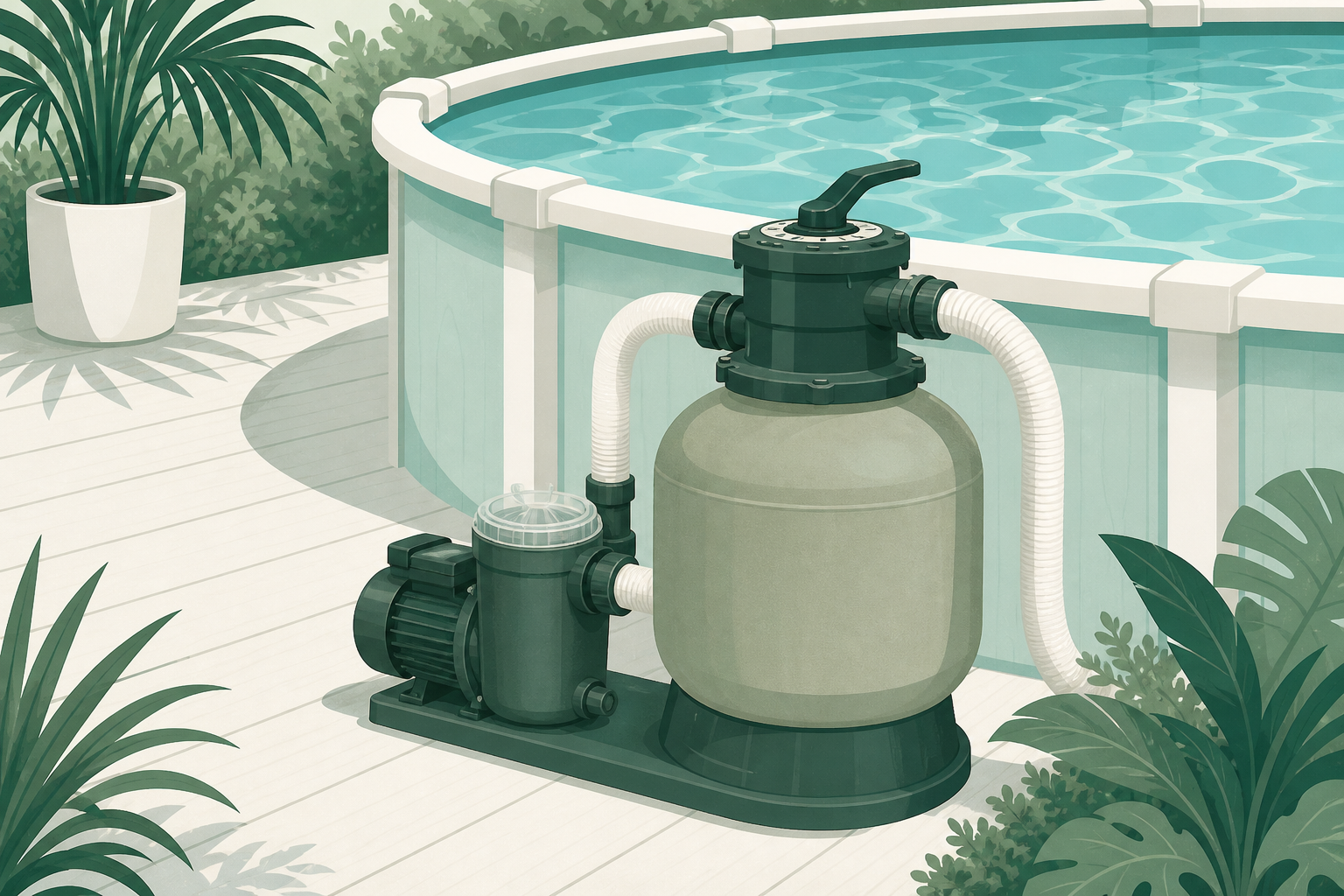 Sand filter pump beside a clean above-ground pool on a summer deck