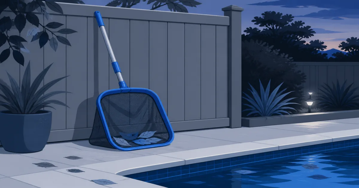 Pool leaf skimmer net and deep rake resting against a deck fence