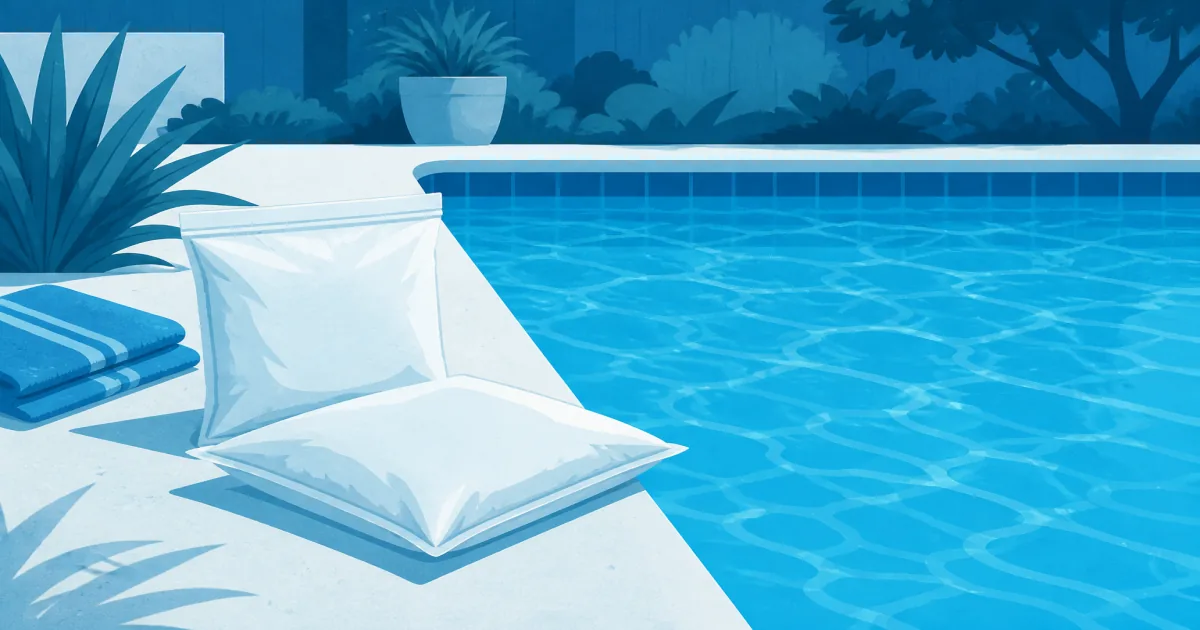 Non chlorine pool shock bags beside a clear backyard pool after a weekly oxidizer dose