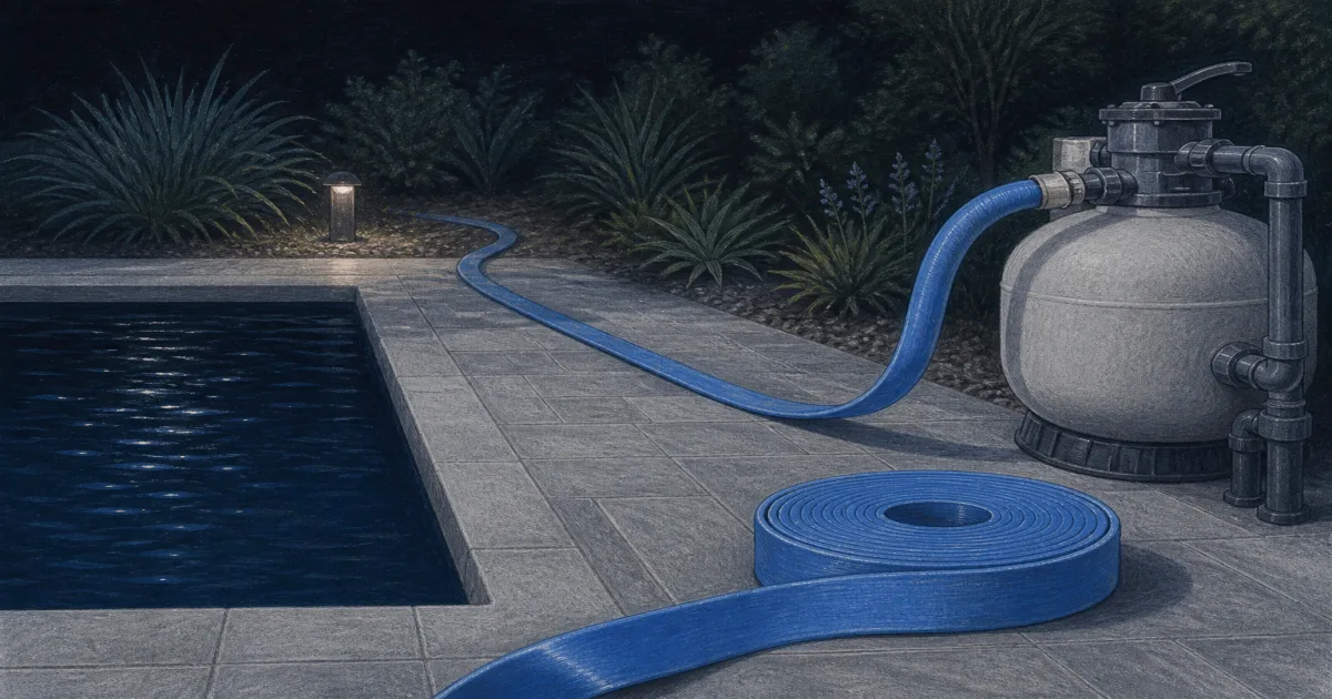 Blue lay-flat backwash hose unrolled from a sand filter toward a garden