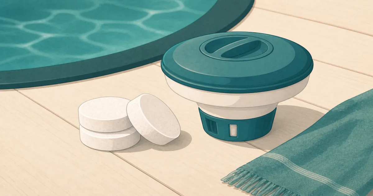 One-inch bromine tablets beside a spa floater on a wooden hot tub deck
