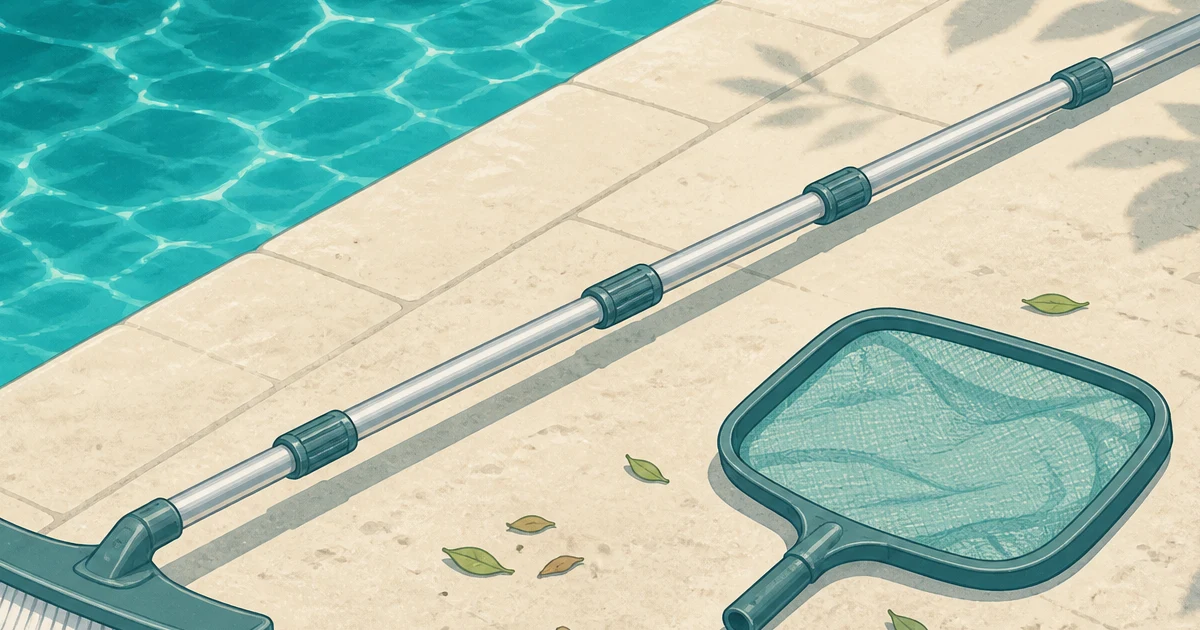 Adjustable aluminum pool brush pole with a brush and skimmer beside a pool
