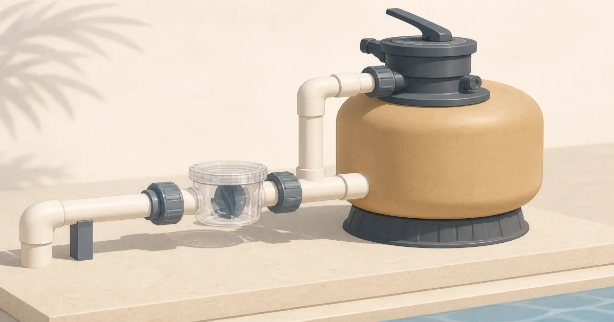 Clear-lid CPVC pool check valve on equipment-pad plumbing beside a sand filter
