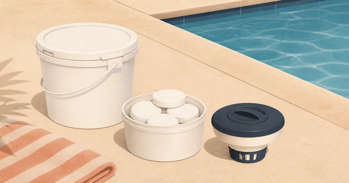 Bucket of 3-inch pool chlorine tablets and a floater on a warm sand deck