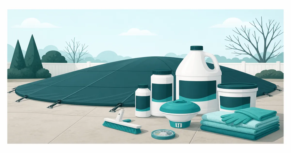 Pool closing kit bottles and winter supplies set on a pool deck beside a covered backyard pool