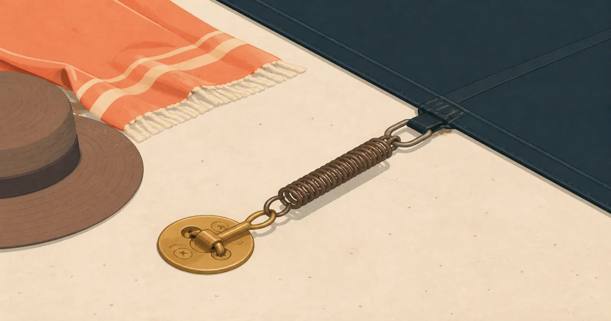 Brass pool cover anchors seated flush in a concrete deck beside a taut safety cover spring