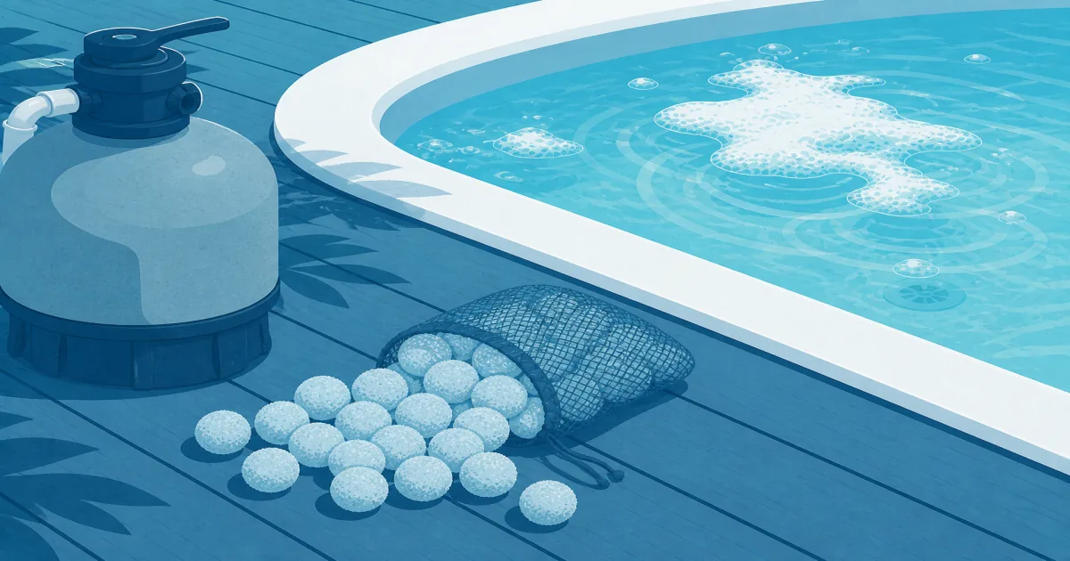 Soft blue pool filter balls spilled beside a sand filter tank on a sunny deck
