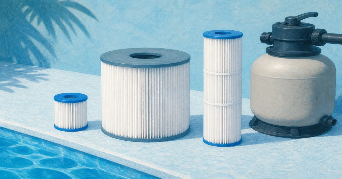 Pleated pool filter cartridges stacked beside a filter tank on an aqua deck