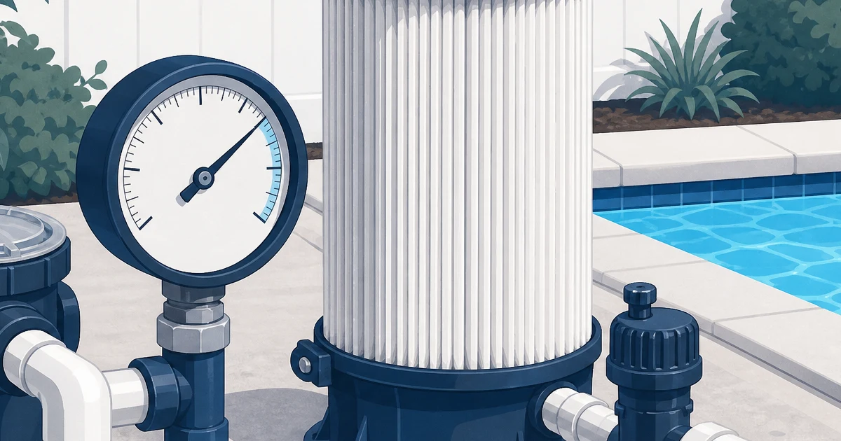 Pool filter pressure gauge beside a cartridge filter on a backyard equipment pad
