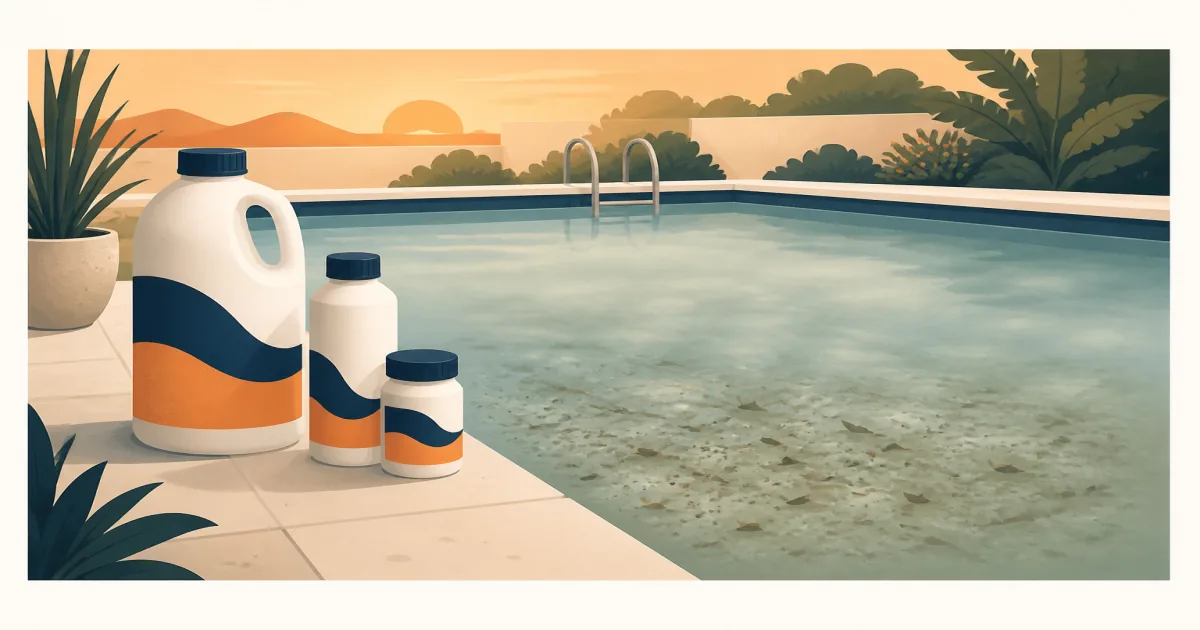 Pool flocculant bottles beside a cloudy backyard pool with settled debris on the floor