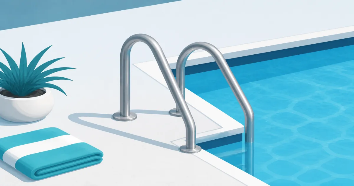 Brushed stainless pool handrail mounted on a concrete deck beside clear in-ground pool water