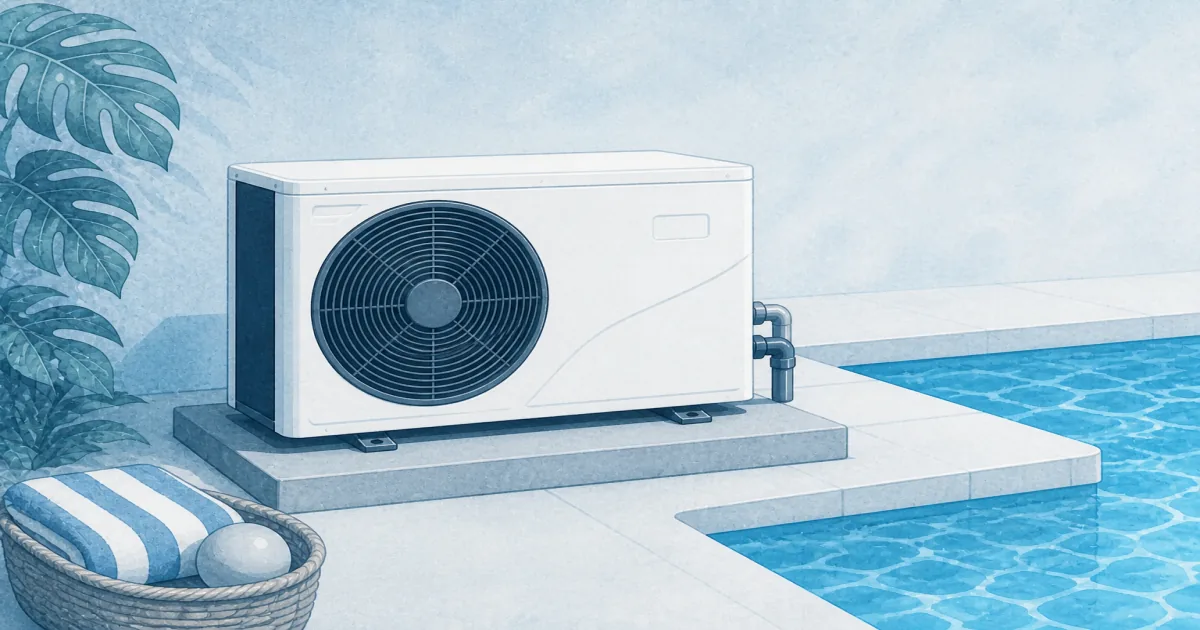 White pool heat pump on a concrete equipment pad beside an in-ground backyard pool