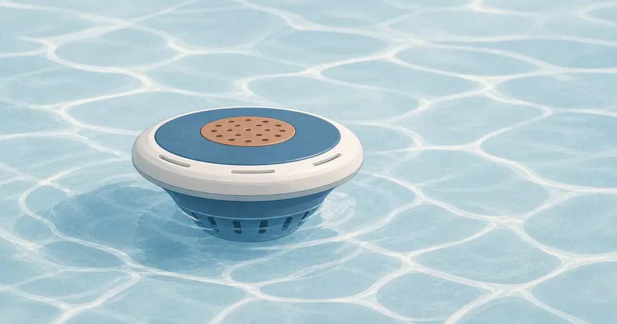 Floating solar copper pool ionizer drifting on clear blue backyard pool water