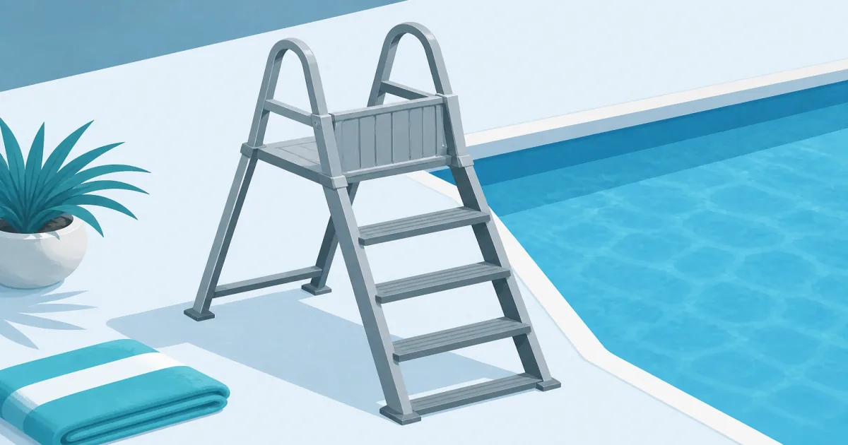 Gray A-frame above-ground pool ladder with safety barrier beside blue water