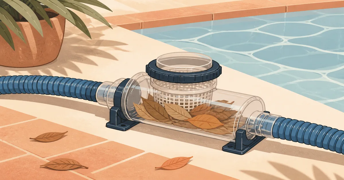 Clear inline pool leaf canister with leaves beside a pool