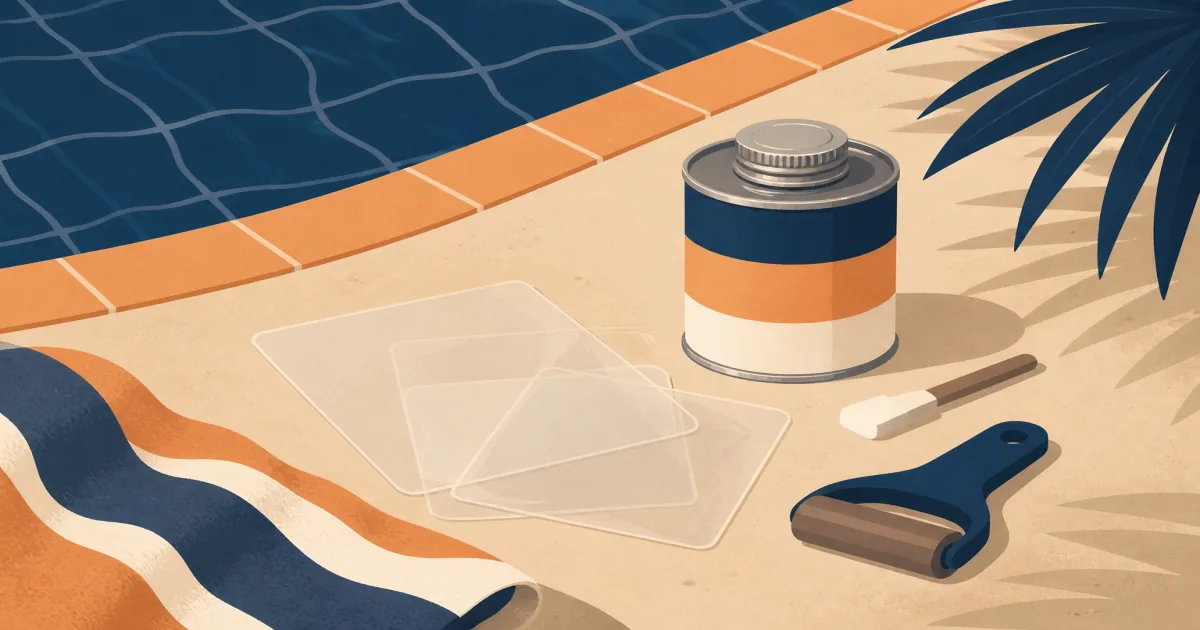 Vinyl pool liner patch kit with adhesive can and clear patch sheets on a warm sand deck