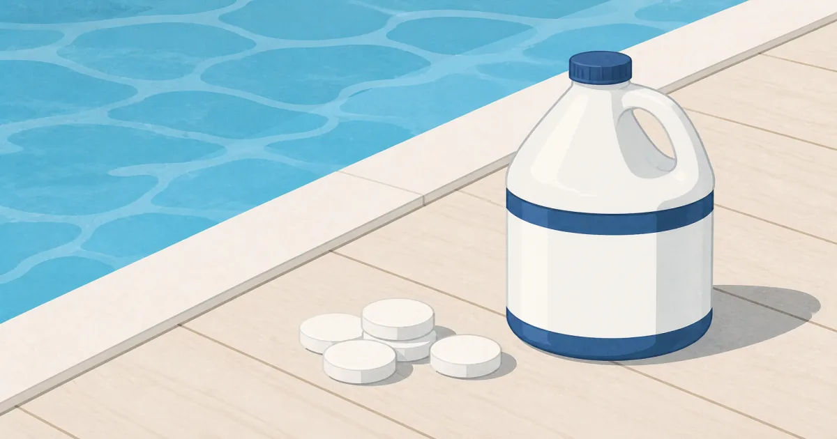 Gallon jug of liquid pool chlorine on a deck beside a clear backyard pool