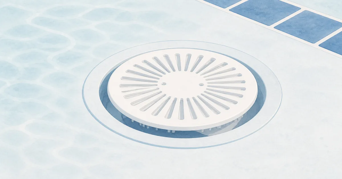 White anti-vortex pool main drain cover seated in a circular sump on a clean pool floor