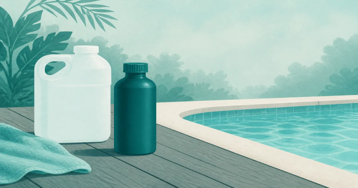 Pool metal sequestrant bottle on a deck beside fill water and a clear plaster pool
