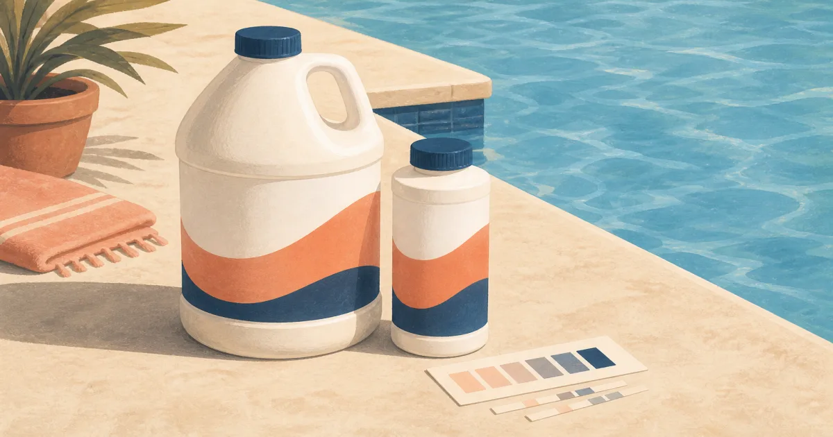 Phosphate remover bottles beside a test strip card on a warm sand pool deck