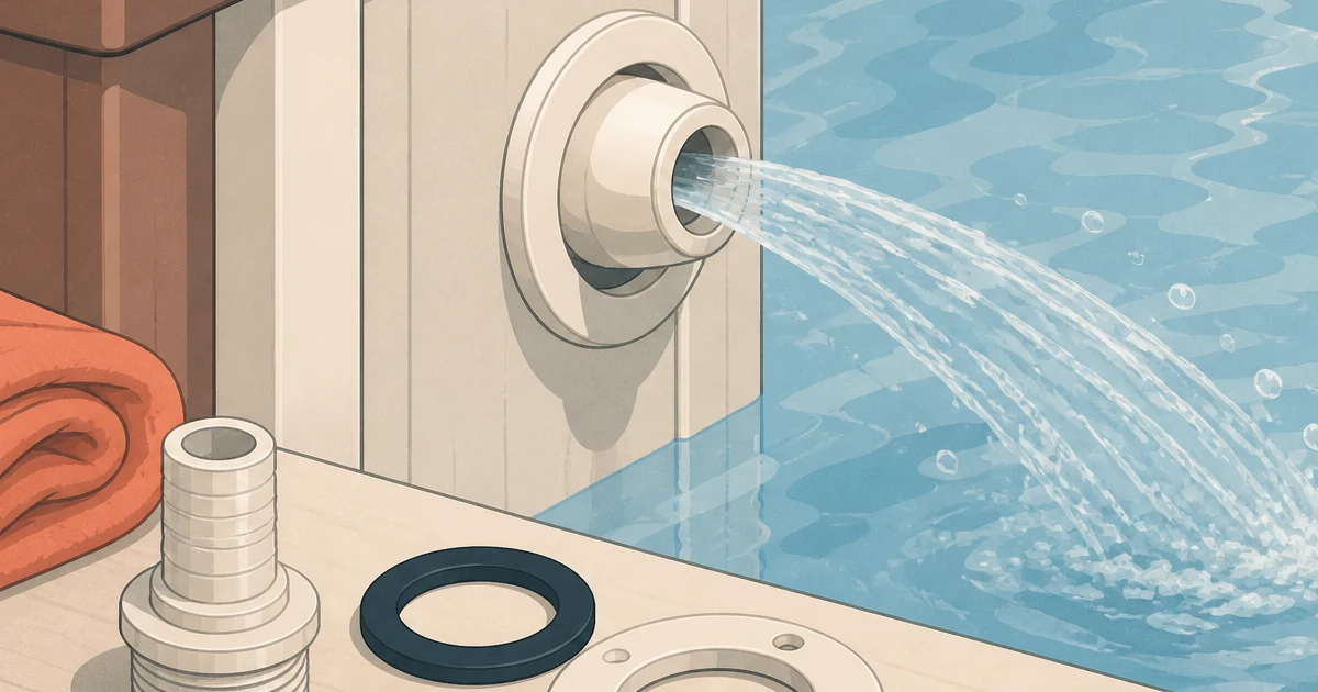 Above-ground pool return jet fitting with gaskets and hose adapter