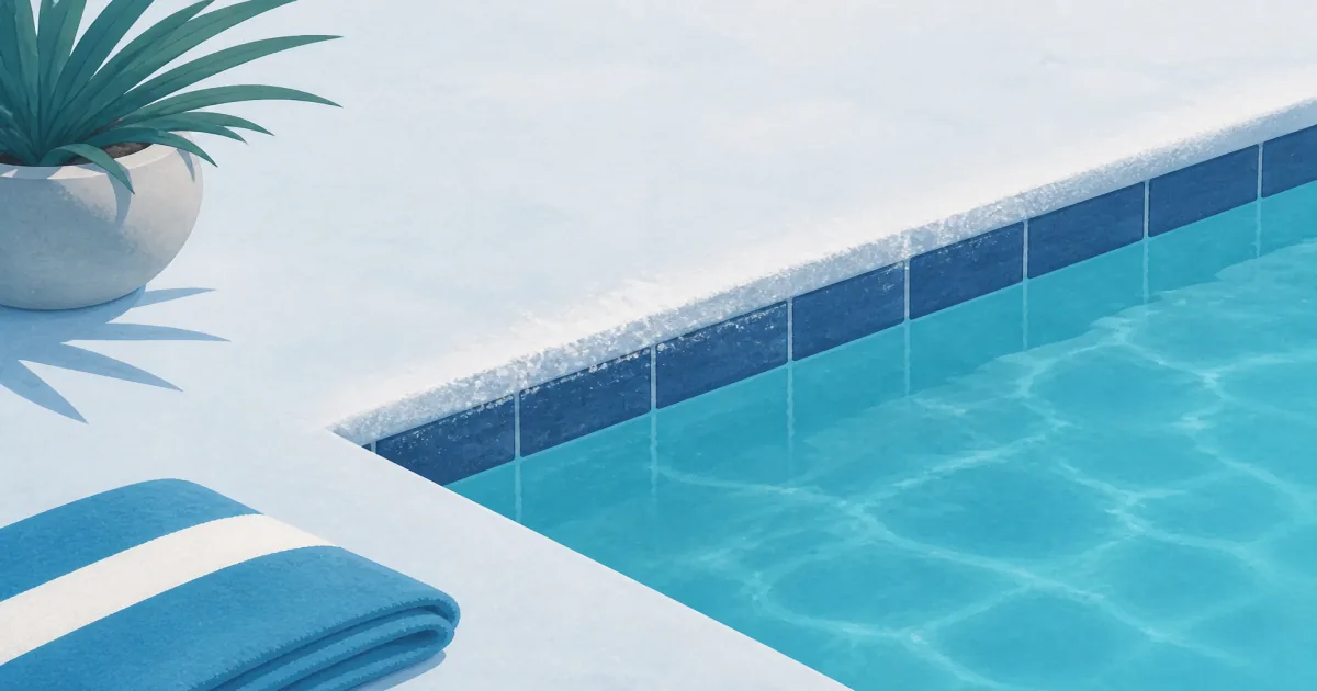 White calcium scale along a pool tile line above clear blue water