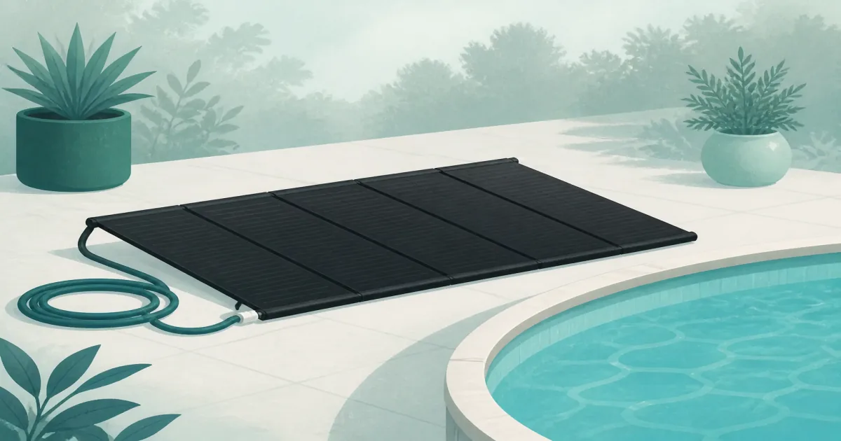 Black pool solar heater panels on a rack beside an above-ground backyard pool