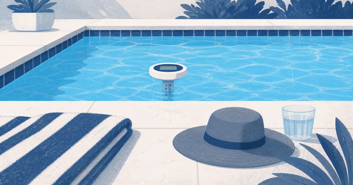Floating pool thermometer at the waterline of a rectangular backyard pool