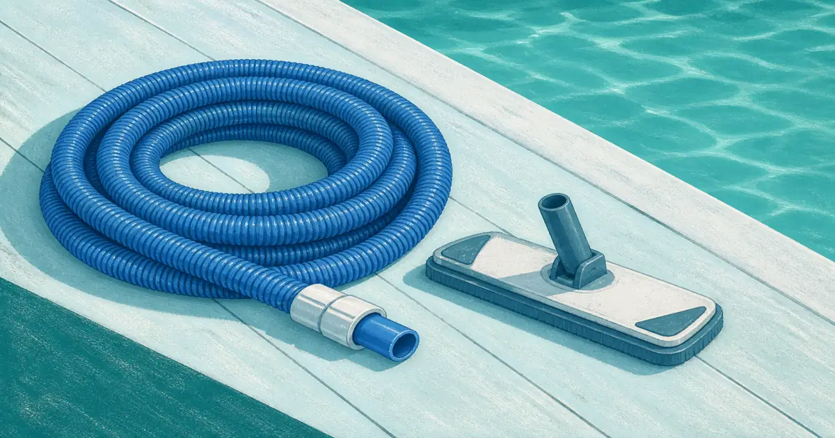 Coiled blue pool vacuum hose with a swivel cuff on a lagoon-colored deck