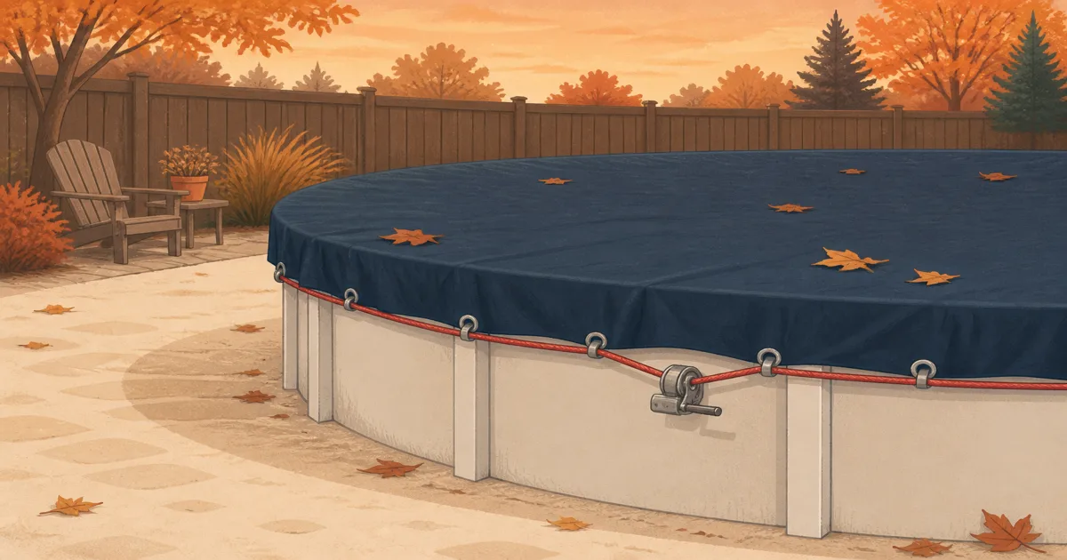 Navy winter pool cover cinched on a round above-ground pool beside a sandy autumn deck