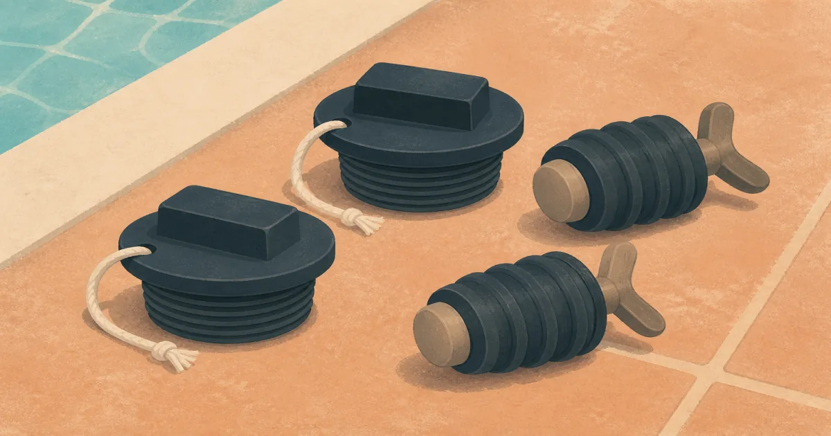 Threaded pool winterizing plugs and expandable rubber plugs laid out on a pool deck