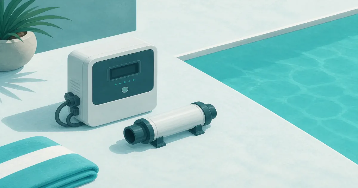 Salt water chlorinator control box and cell on pool equipment pad beside blue water