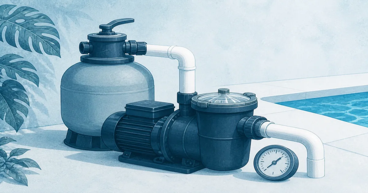 Variable speed pool pump on a backyard equipment pad beside a sand filter and pressure gauge