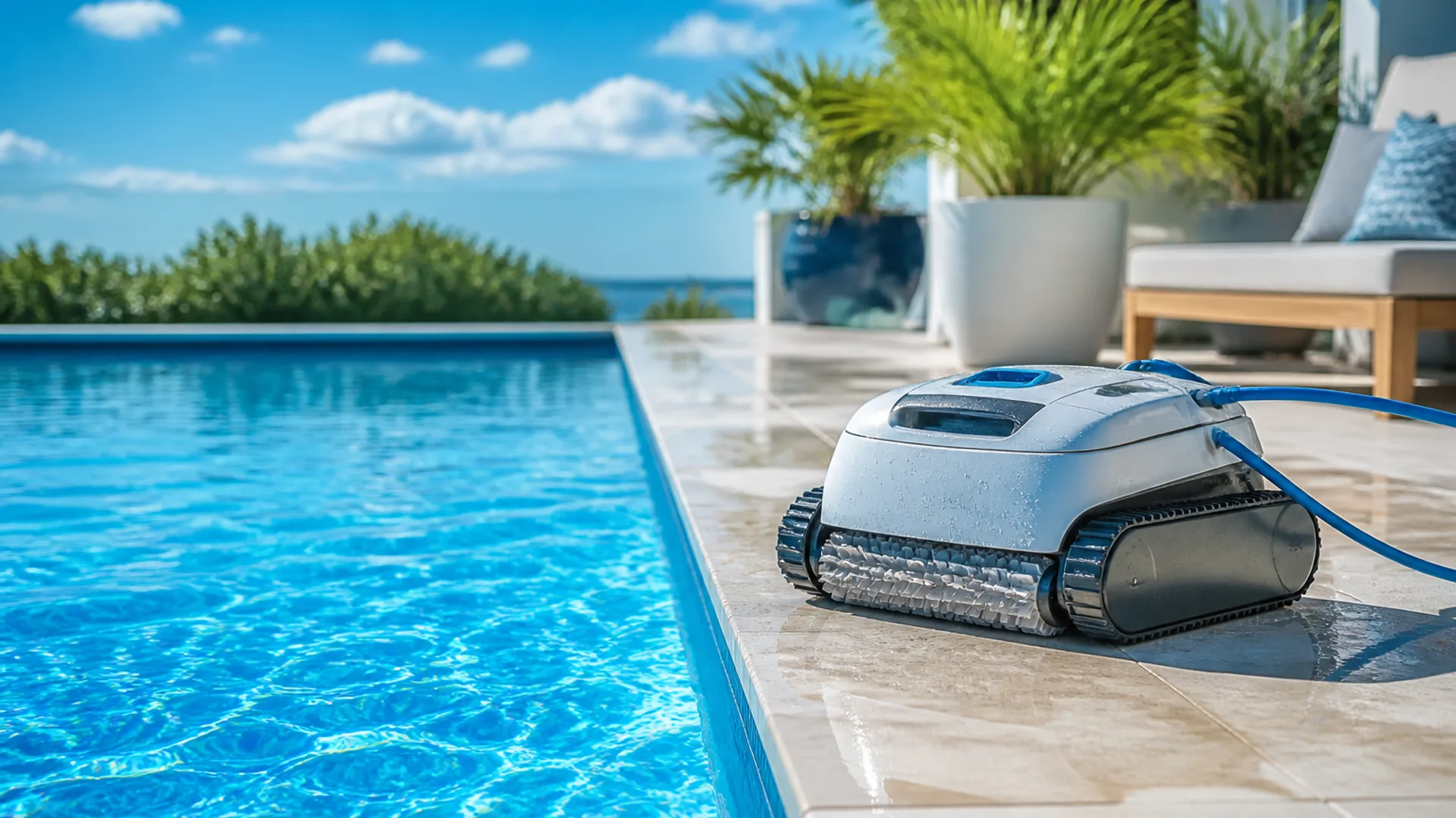 Robotic pool cleaner silhouette at the edge of clear blue water